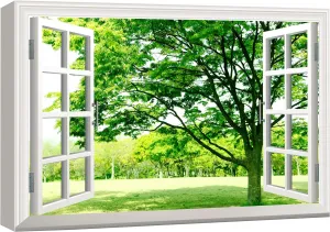 wall26 Canvas Print Wall Art Window View of Field of Green Flowers Nature Wilderness Photography Realism Rustic Scenic Colorful Relax/Calm Ultra for Living Room, Bedroom, Office - 24"x36"