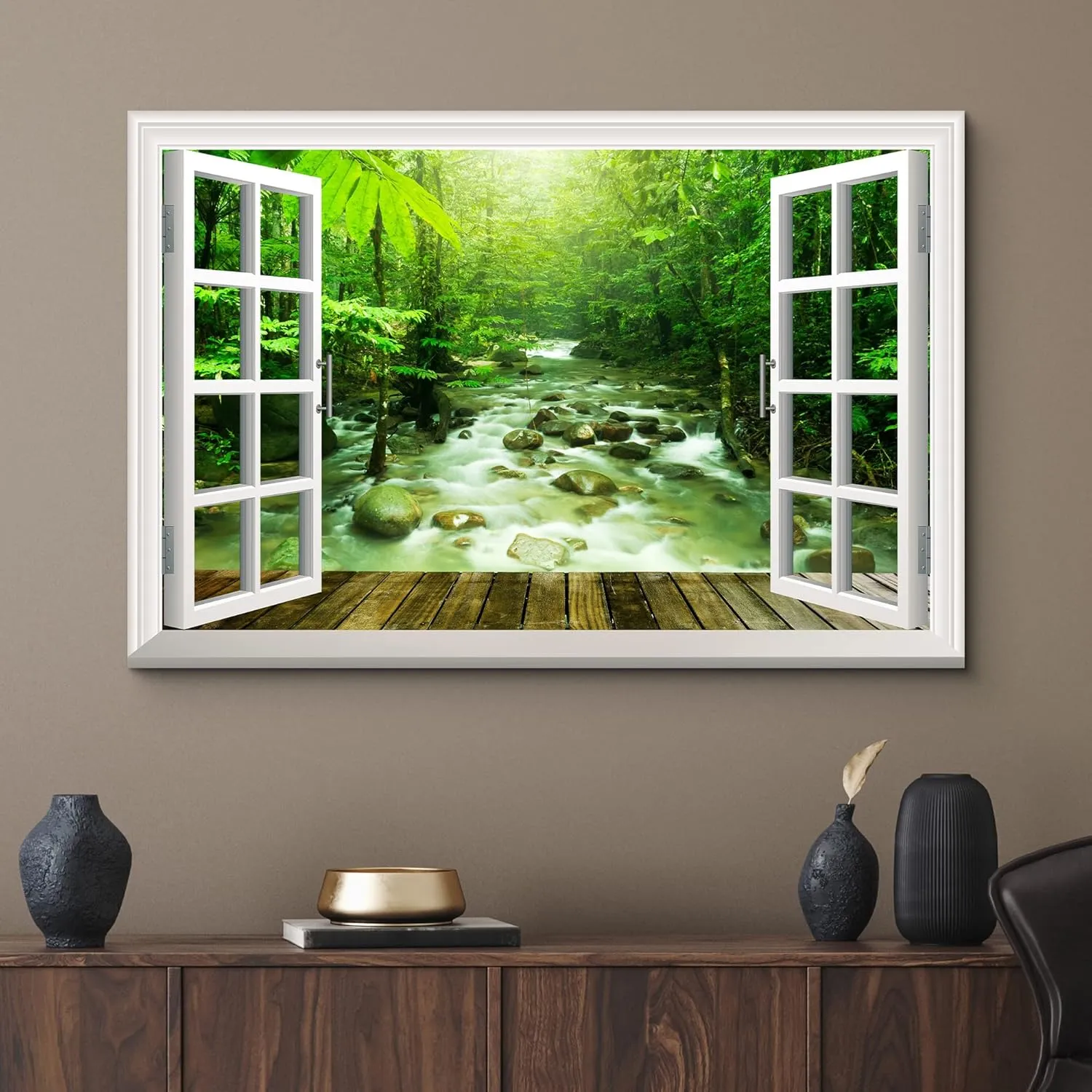 wall26 Canvas Print Wall Art Window View of Serene Jungle River Nature Wilderness Photography Realism Rustic Scenic Colorful Relax/Calm Ultra for Living Room, Bedroom, Office - 16"x24"