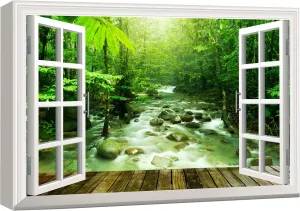 wall26 Canvas Print Wall Art Window View of Serene Jungle River Nature Wilderness Photography Realism Rustic Scenic Colorful Relax/Calm Ultra for Living Room, Bedroom, Office - 16"x24"