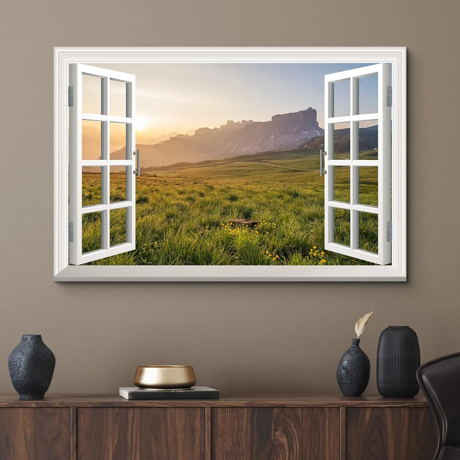 wall26 Canvas Print Wall Art Window View of Sunset Mountain Meadow Nature Wilderness Photography Realism Rustic Scenic Colorful Relax/Calm Ultra for Living Room, Bedroom, Office - 32"x48"