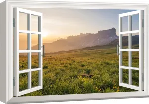 wall26 Canvas Print Wall Art Window View of Sunset Mountain Meadow Nature Wilderness Photography Realism Rustic Scenic Colorful Relax/Calm Ultra for Living Room, Bedroom, Office - 32"x48"