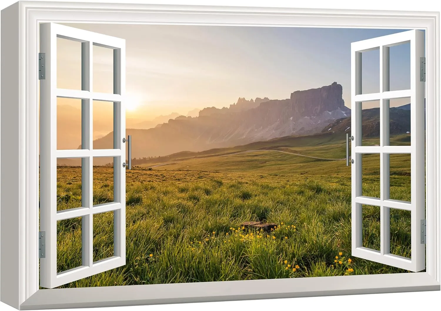 wall26 Canvas Print Wall Art Window View of Sunset Mountain Meadow Nature Wilderness Photography Realism Rustic Scenic Colorful Relax/Calm Ultra for Living Room, Bedroom, Office - 32"x48"