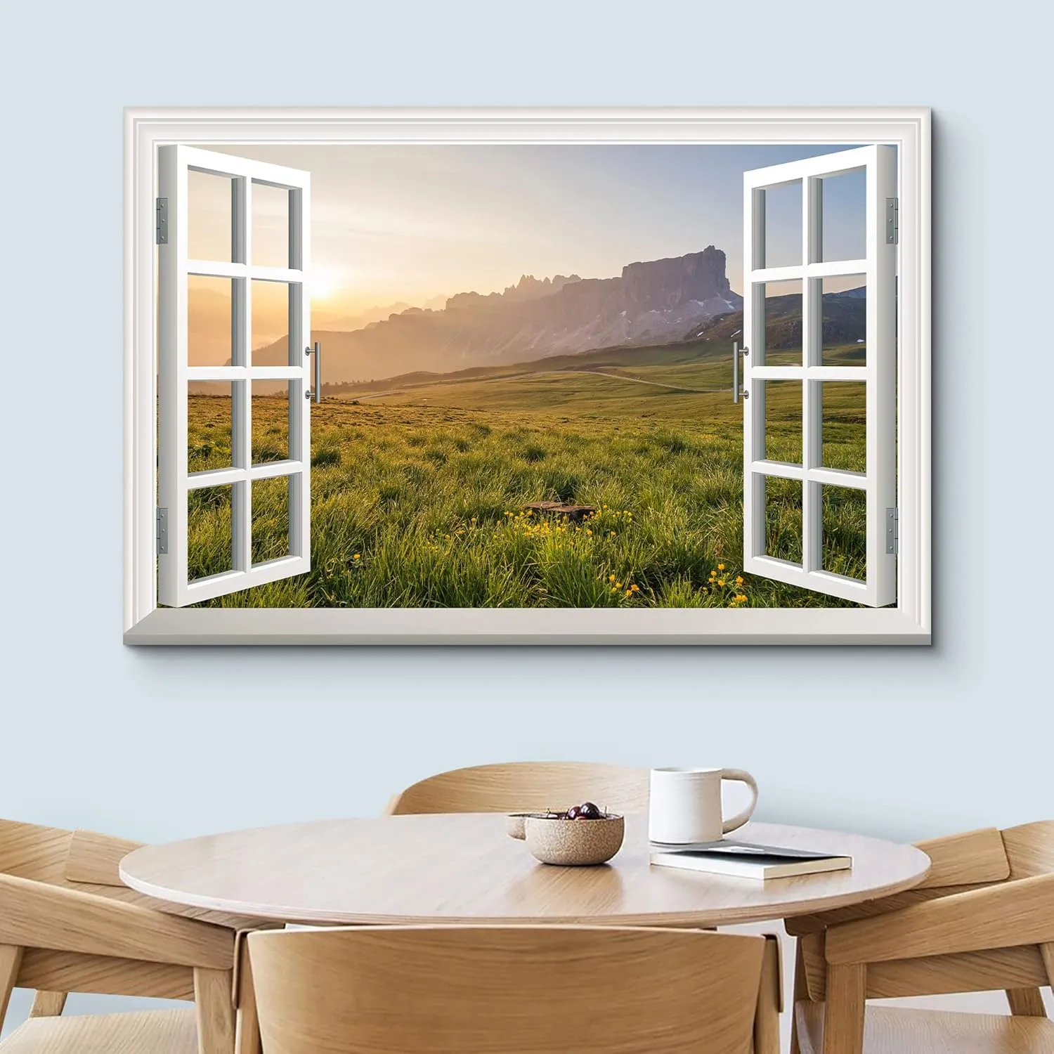 wall26 Canvas Print Wall Art Window View of Sunset Mountain Meadow Nature Wilderness Photography Realism Rustic Scenic Colorful Relax/Calm Ultra for Living Room, Bedroom, Office - 32"x48"