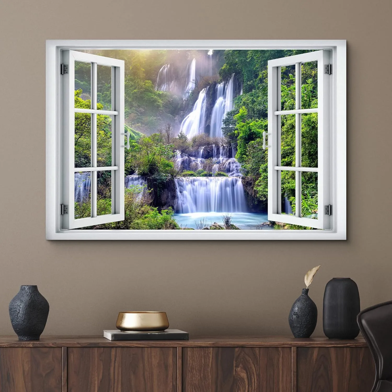 wall26 Canvas Print Wall Art Window View Rustic Waterfall Rapid Lake Stream River Wilderness Nature Photography Realism Scenic Landscape Multicolor for Living Room, Bedroom, Office - 12"x18"