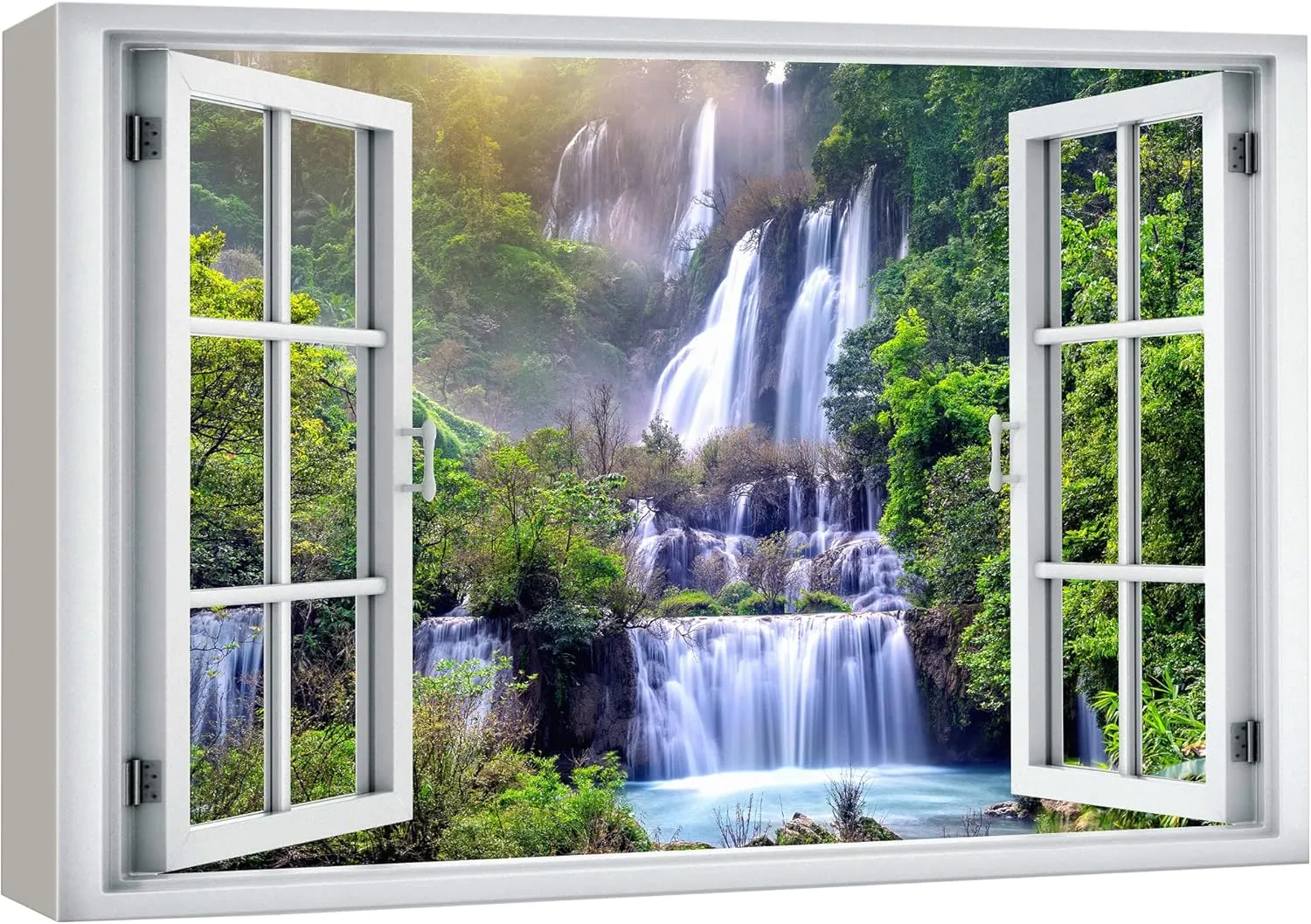 wall26 Canvas Print Wall Art Window View Rustic Waterfall Rapid Lake Stream River Wilderness Nature Photography Realism Scenic Landscape Multicolor for Living Room, Bedroom, Office - 12"x18"