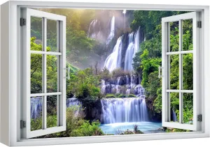 wall26 Canvas Print Wall Art Window View Rustic Waterfall Rapid Lake Stream River Wilderness Nature Photography Realism Scenic Landscape Multicolor for Living Room, Bedroom, Office - 12"x18"