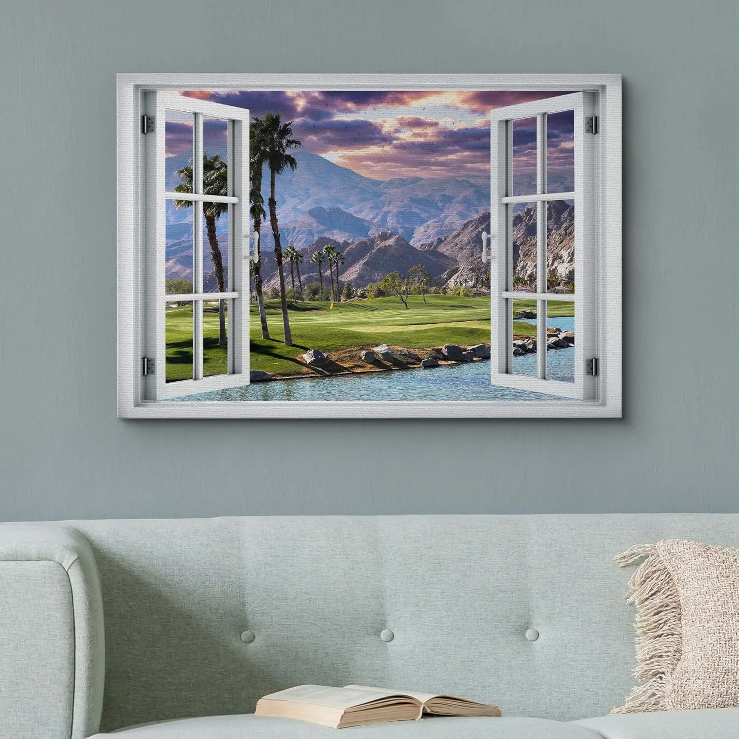 wall26 Canvas Print Wall Art Window View Scenic Golf Course with Palm Trees and Mountains Photography Realism Rustic Scenic Colorful Relax/Calm Ultra for Living Room, Bedroom, Office - 24"x36"