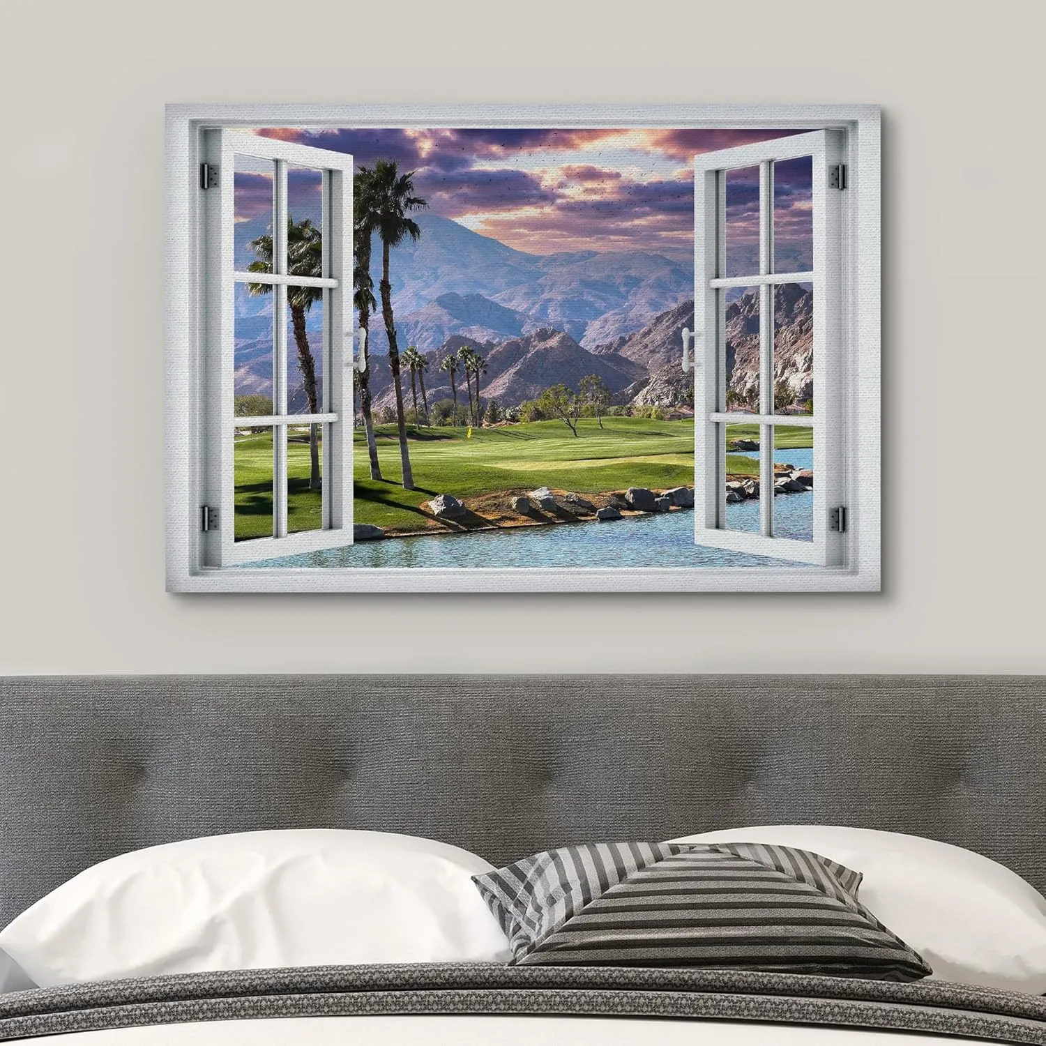 wall26 Canvas Print Wall Art Window View Scenic Golf Course with Palm Trees and Mountains Photography Realism Rustic Scenic Colorful Relax/Calm Ultra for Living Room, Bedroom, Office - 24"x36"