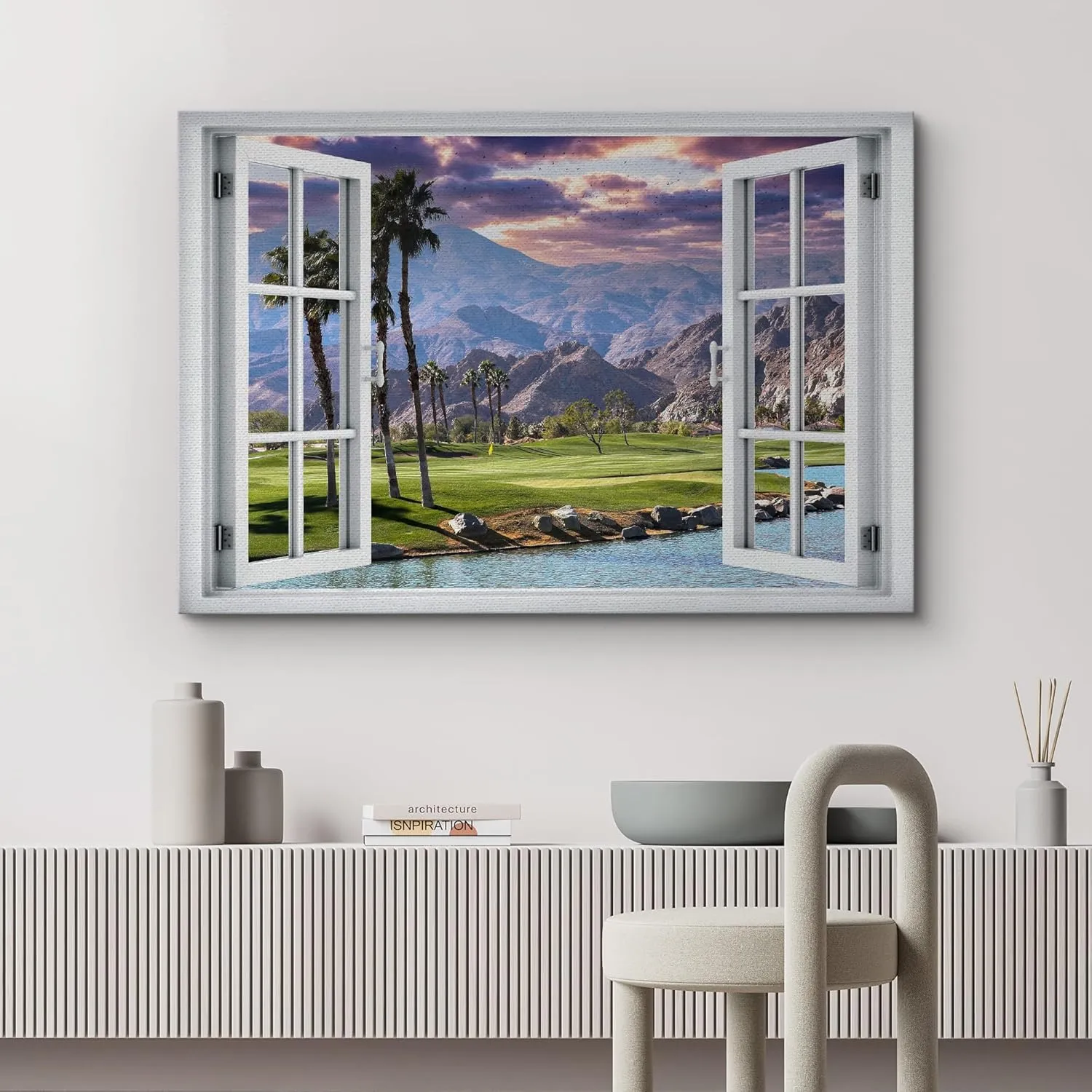 wall26 Canvas Print Wall Art Window View Scenic Golf Course with Palm Trees and Mountains Photography Realism Rustic Scenic Colorful Relax/Calm Ultra for Living Room, Bedroom, Office - 24"x36"