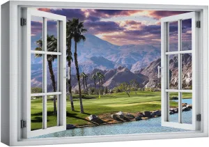 wall26 Canvas Print Wall Art Window View Scenic Golf Course with Palm Trees and Mountains Photography Realism Rustic Scenic Colorful Relax/Calm Ultra for Living Room, Bedroom, Office - 24"x36"