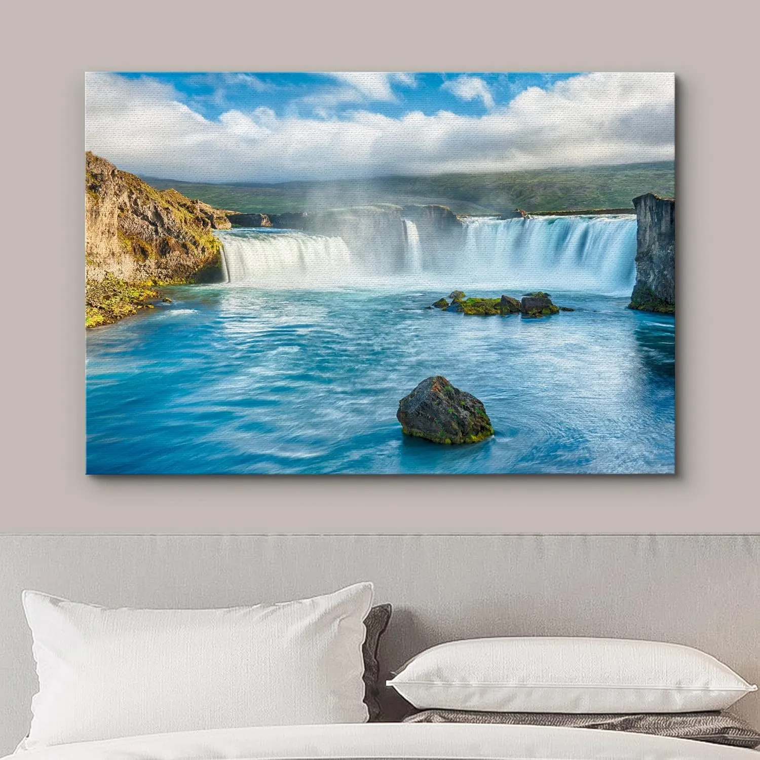 wall26 Framed Canvas Print Wall Art Aerial View of Icelandic Waterfall Nature Wilderness Photography Realism Chic Scenic Rustic Ultra for Living Room, Bedroom, Office - 16"x24"