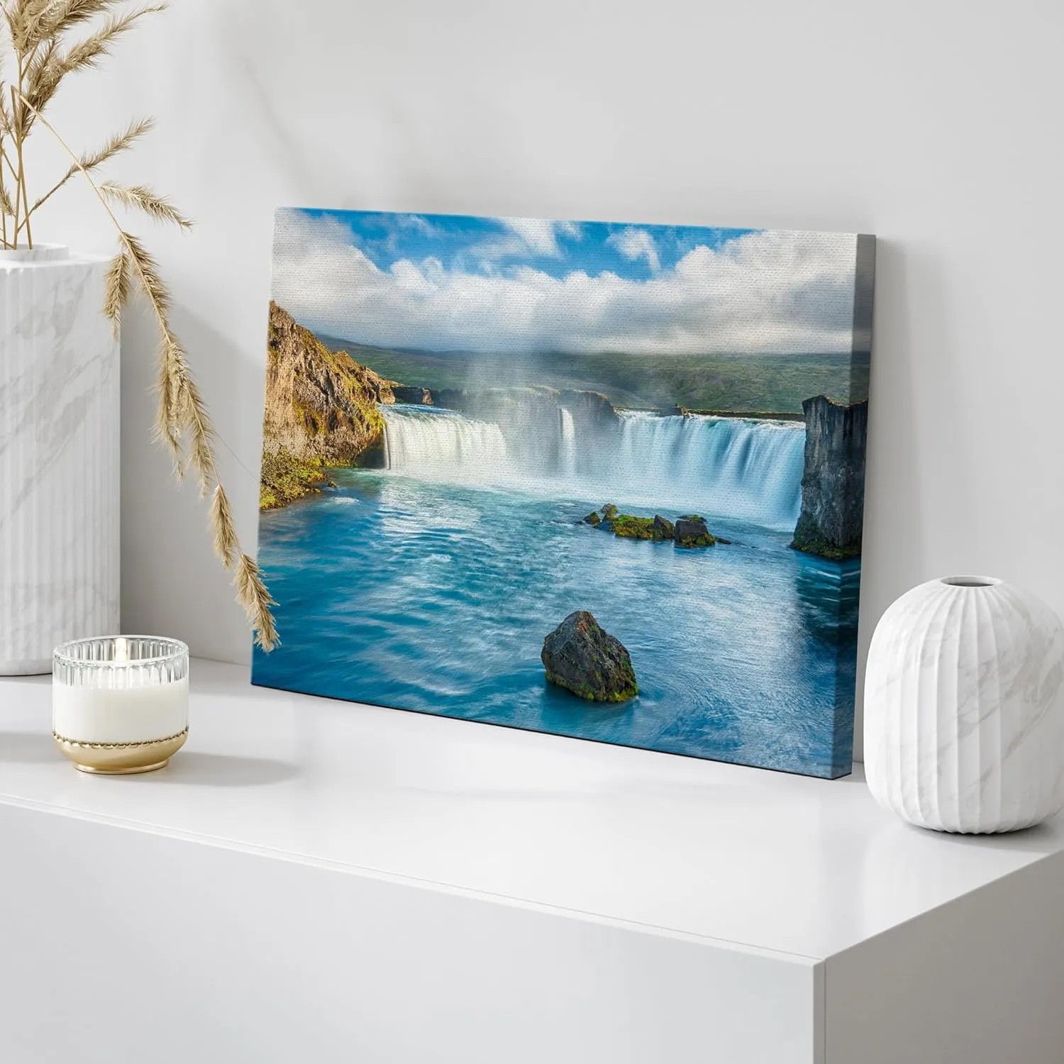 wall26 Framed Canvas Print Wall Art Aerial View of Icelandic Waterfall Nature Wilderness Photography Realism Chic Scenic Rustic Ultra for Living Room, Bedroom, Office - 16"x24"
