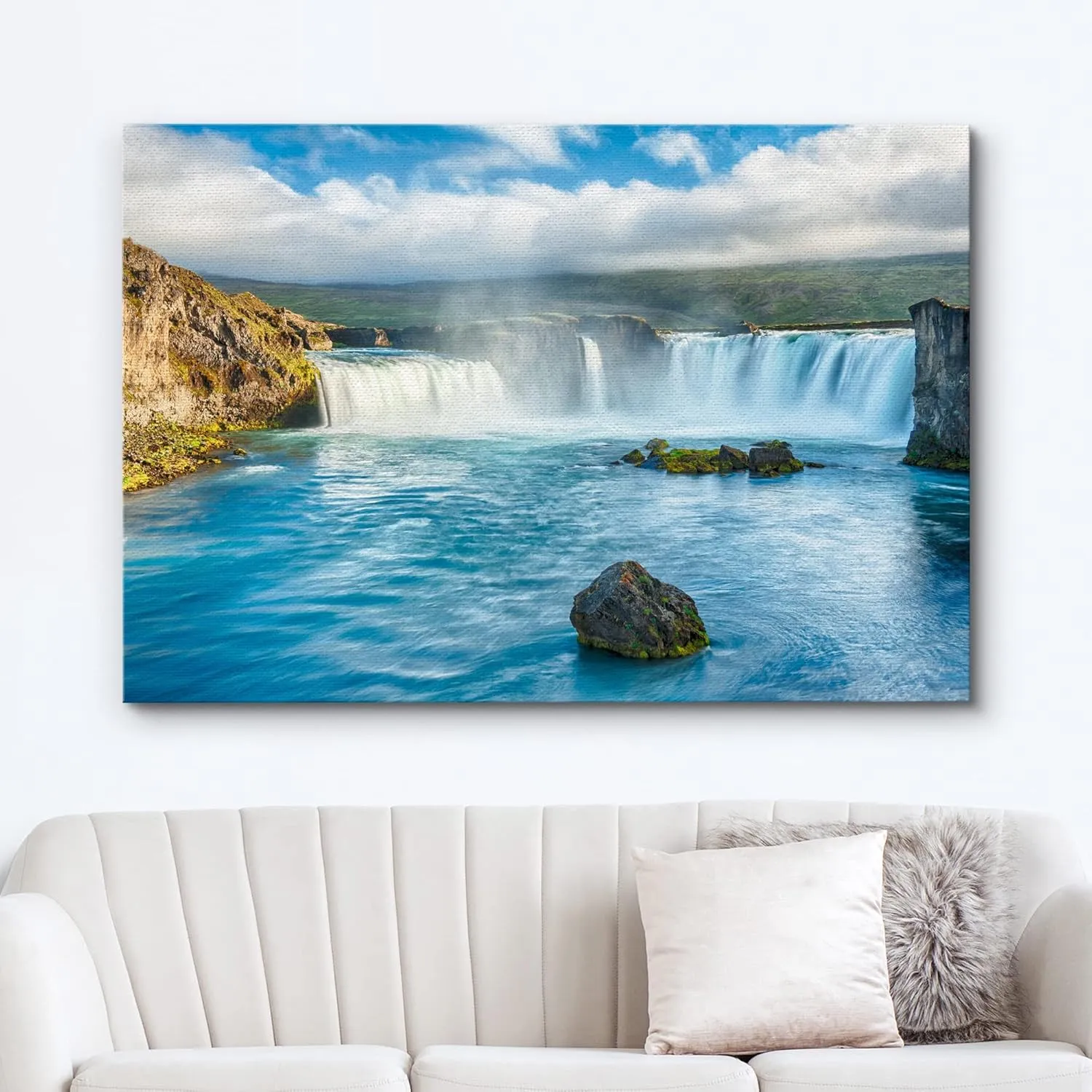 wall26 Framed Canvas Print Wall Art Aerial View of Icelandic Waterfall Nature Wilderness Photography Realism Chic Scenic Rustic Ultra for Living Room, Bedroom, Office - 16"x24"