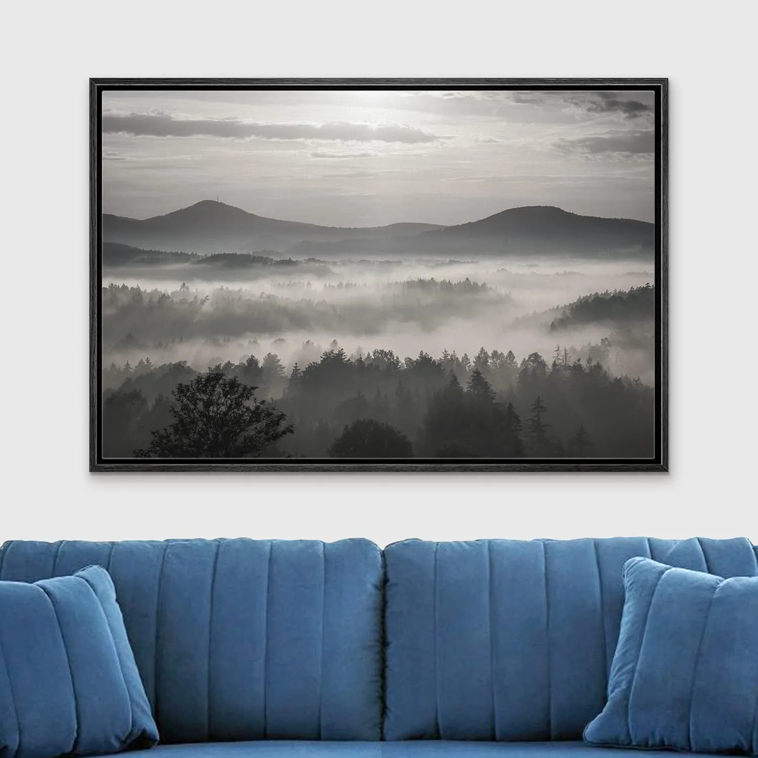 wall26 Framed Canvas Print Wall Art Black and White Mountains and Misty Forest Nature Wilderness Photography Modern Rustic Landscape Multicolor for Living Room, Bedroom, Office - 16x24 Black