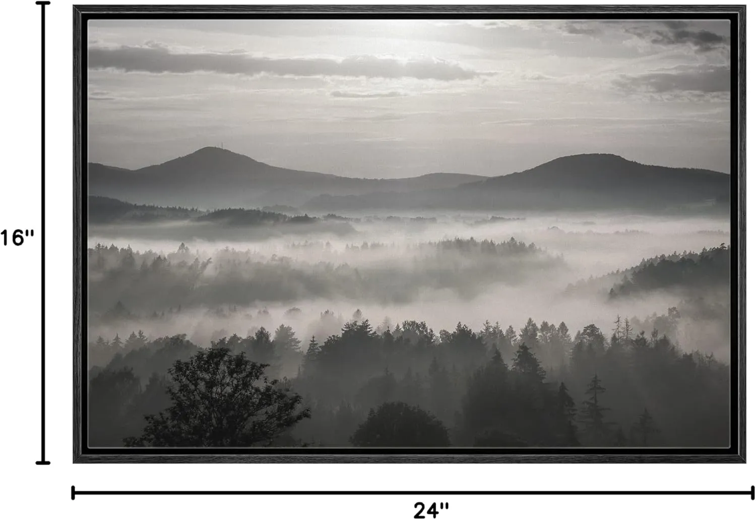 wall26 Framed Canvas Print Wall Art Black and White Mountains and Misty Forest Nature Wilderness Photography Modern Rustic Landscape Multicolor for Living Room, Bedroom, Office - 16x24 Black