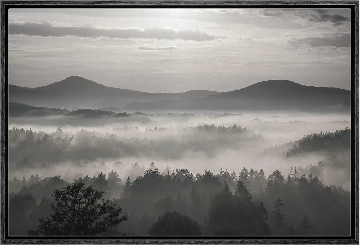wall26 Framed Canvas Print Wall Art Black and White Mountains and Misty Forest Nature Wilderness Photography Modern Rustic Landscape Multicolor for Living Room, Bedroom, Office - 16x24 Black