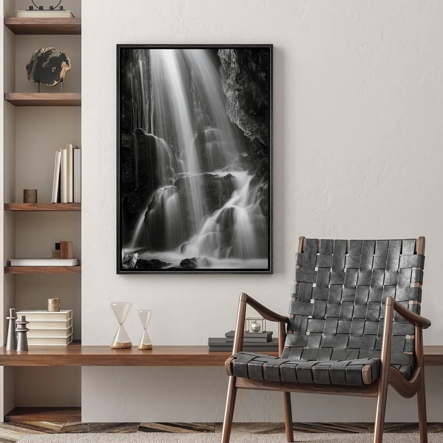 wall26 Framed Canvas Print Wall Art Serene Black and White Waterfall Animals Photography Realism Rustic Scenic Landscape Wilderness Zen for Living Room, Bedroom, Office - 16"x24" Black