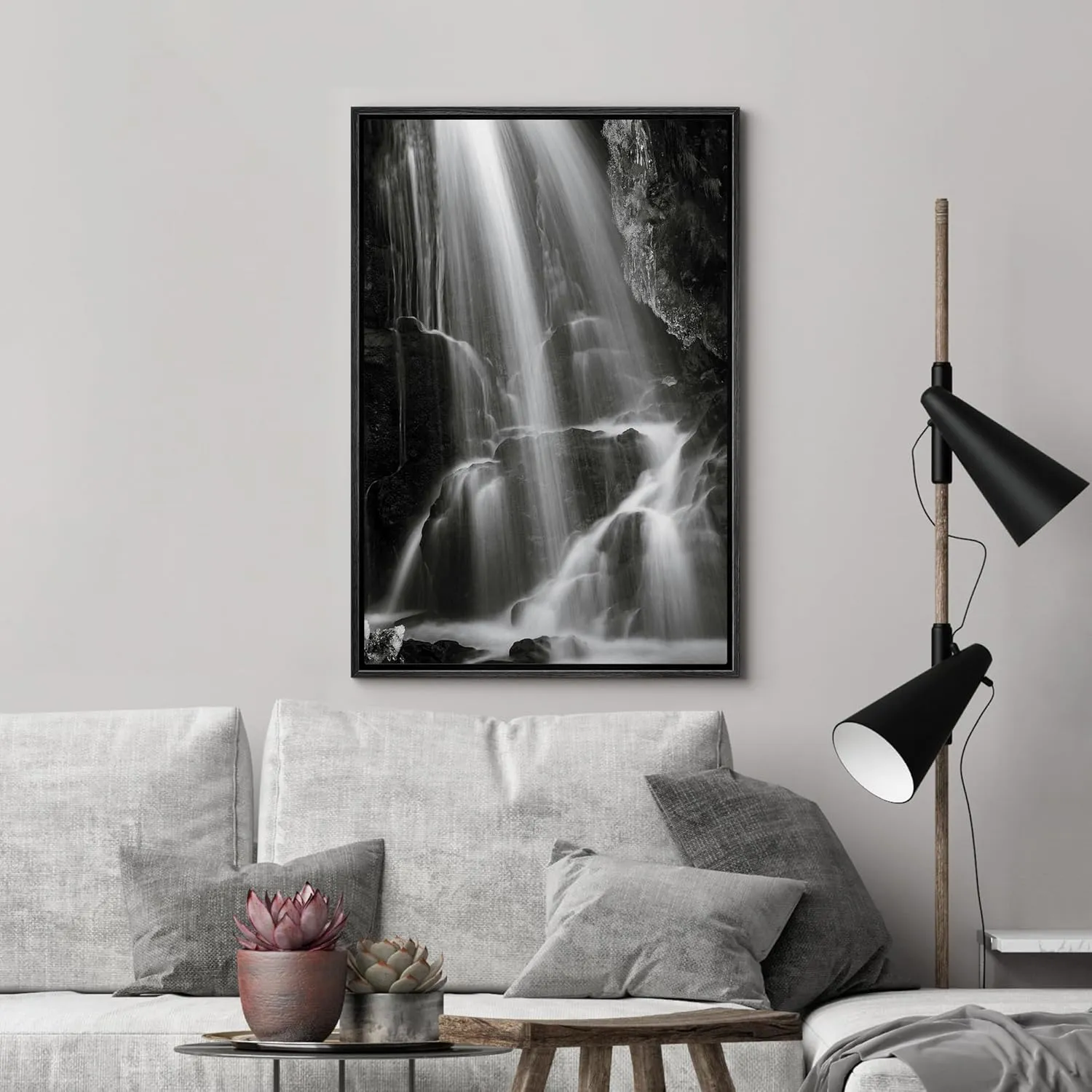 wall26 Framed Canvas Print Wall Art Serene Black and White Waterfall Animals Photography Realism Rustic Scenic Landscape Wilderness Zen for Living Room, Bedroom, Office - 16"x24" Black