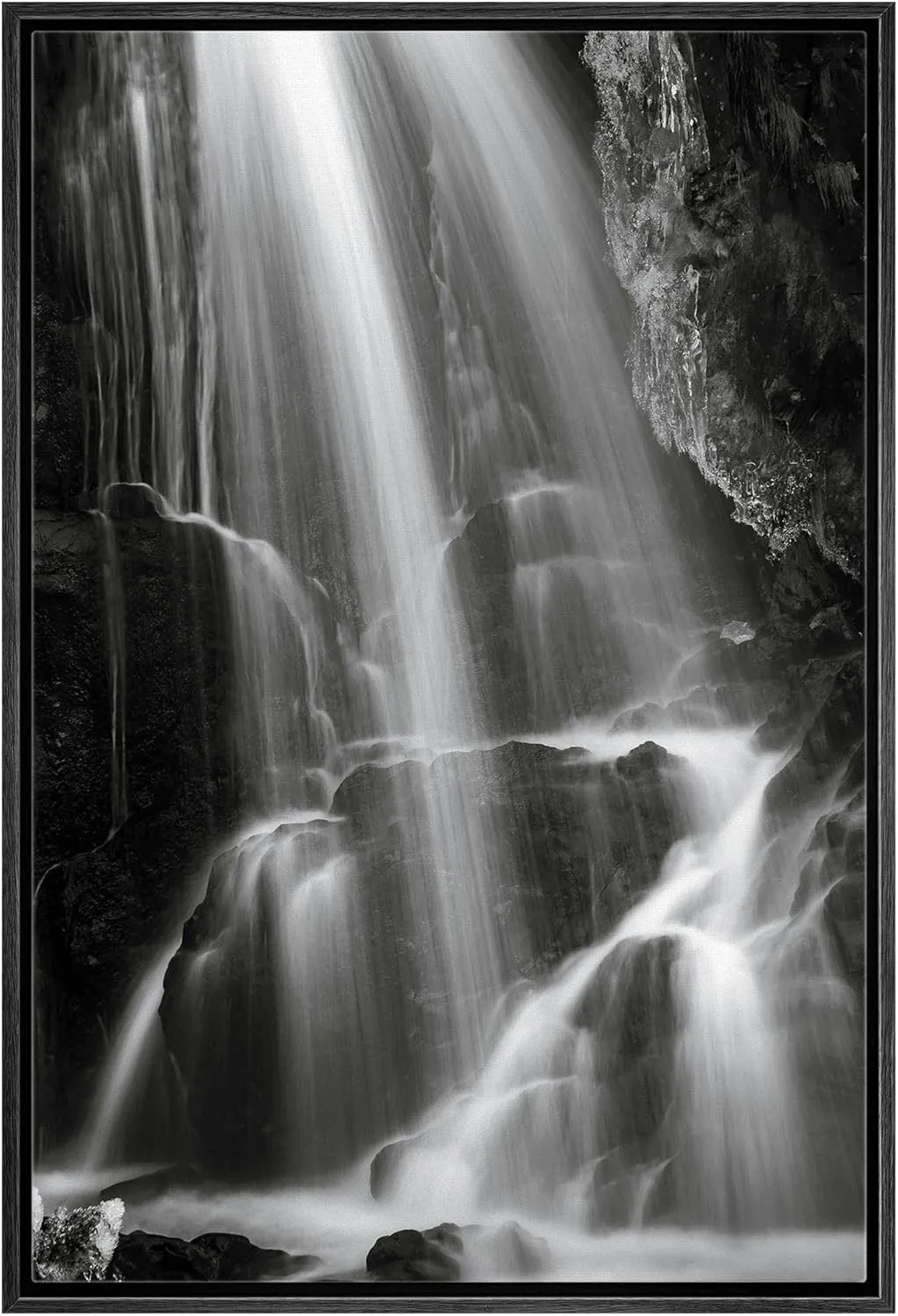 wall26 Framed Canvas Print Wall Art Serene Black and White Waterfall Animals Photography Realism Rustic Scenic Landscape Wilderness Zen for Living Room, Bedroom, Office - 16"x24" Black