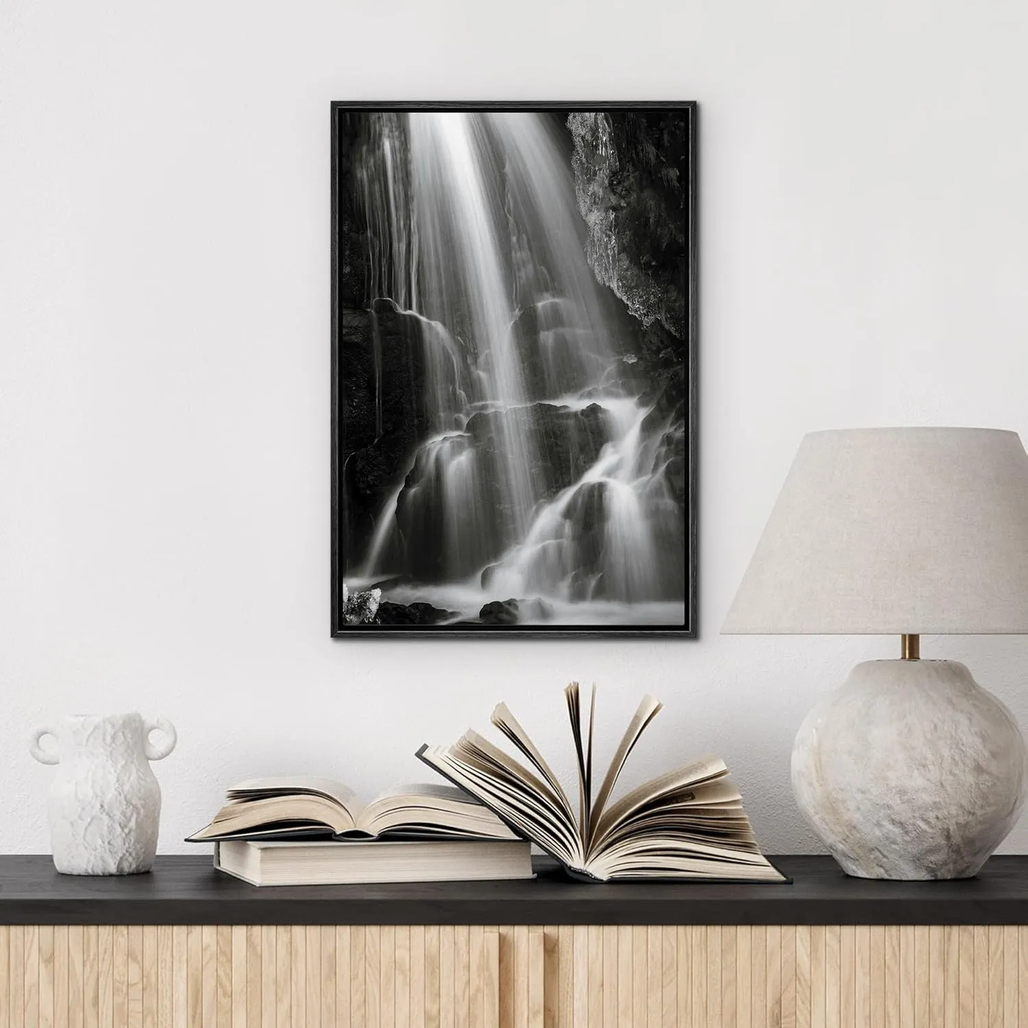 wall26 Framed Canvas Print Wall Art Serene Black and White Waterfall Animals Photography Realism Rustic Scenic Landscape Wilderness Zen for Living Room, Bedroom, Office - 16"x24" Black
