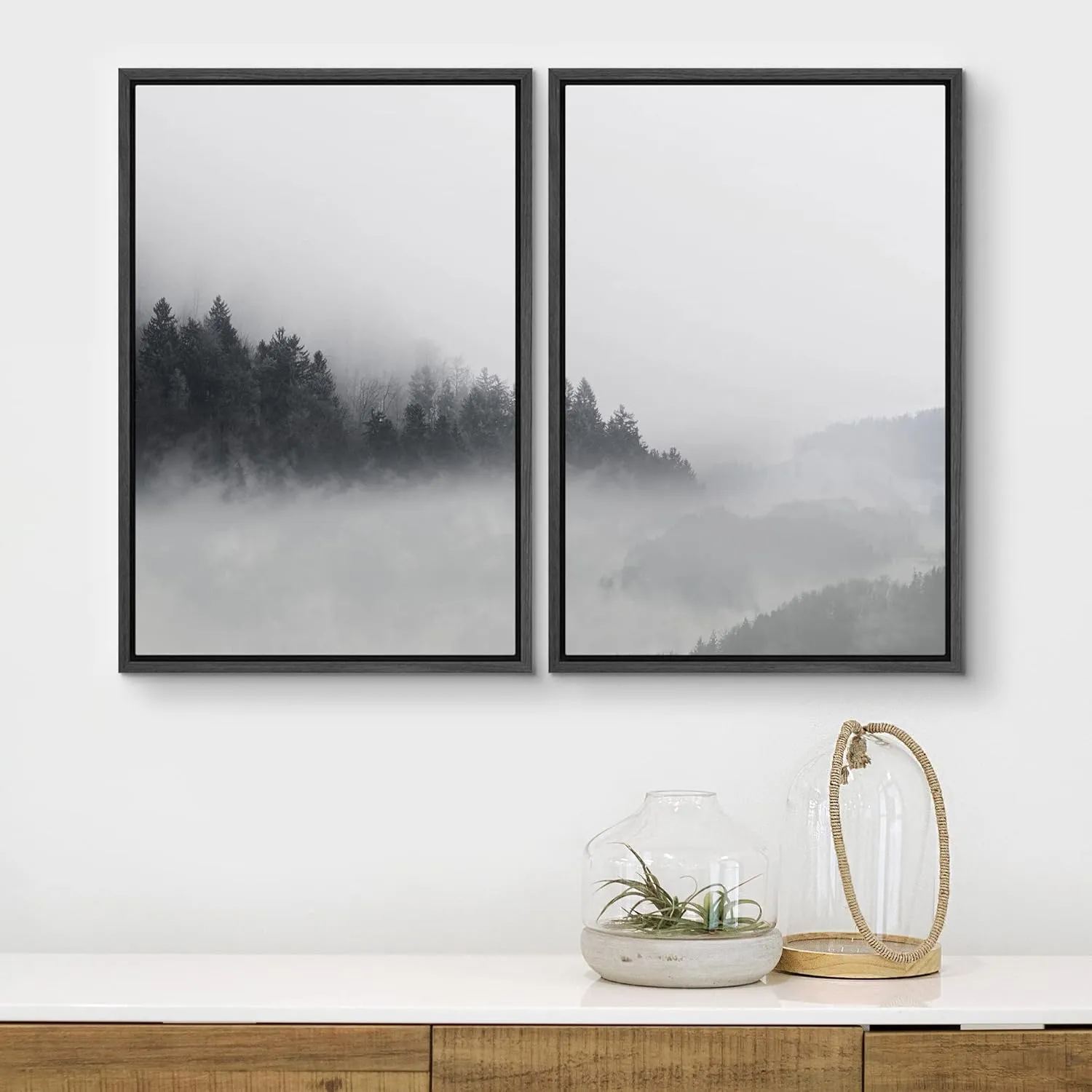 wall26 Framed Canvas Wall Art Print Set Hidden Mountain Forest Landscape in Mist Nature Wilderness Photography Modern Rustic Scenic Multicolor for Living Room, Bedroom, Office - 24"x36"x2 Black