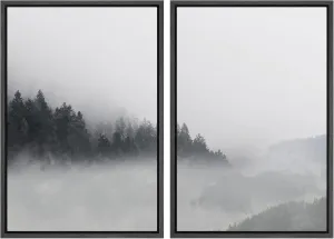 wall26 Framed Canvas Wall Art Print Set Hidden Mountain Forest Landscape in Mist Nature Wilderness Photography Modern Rustic Scenic Multicolor for Living Room, Bedroom, Office - 24"x36"x2 Black