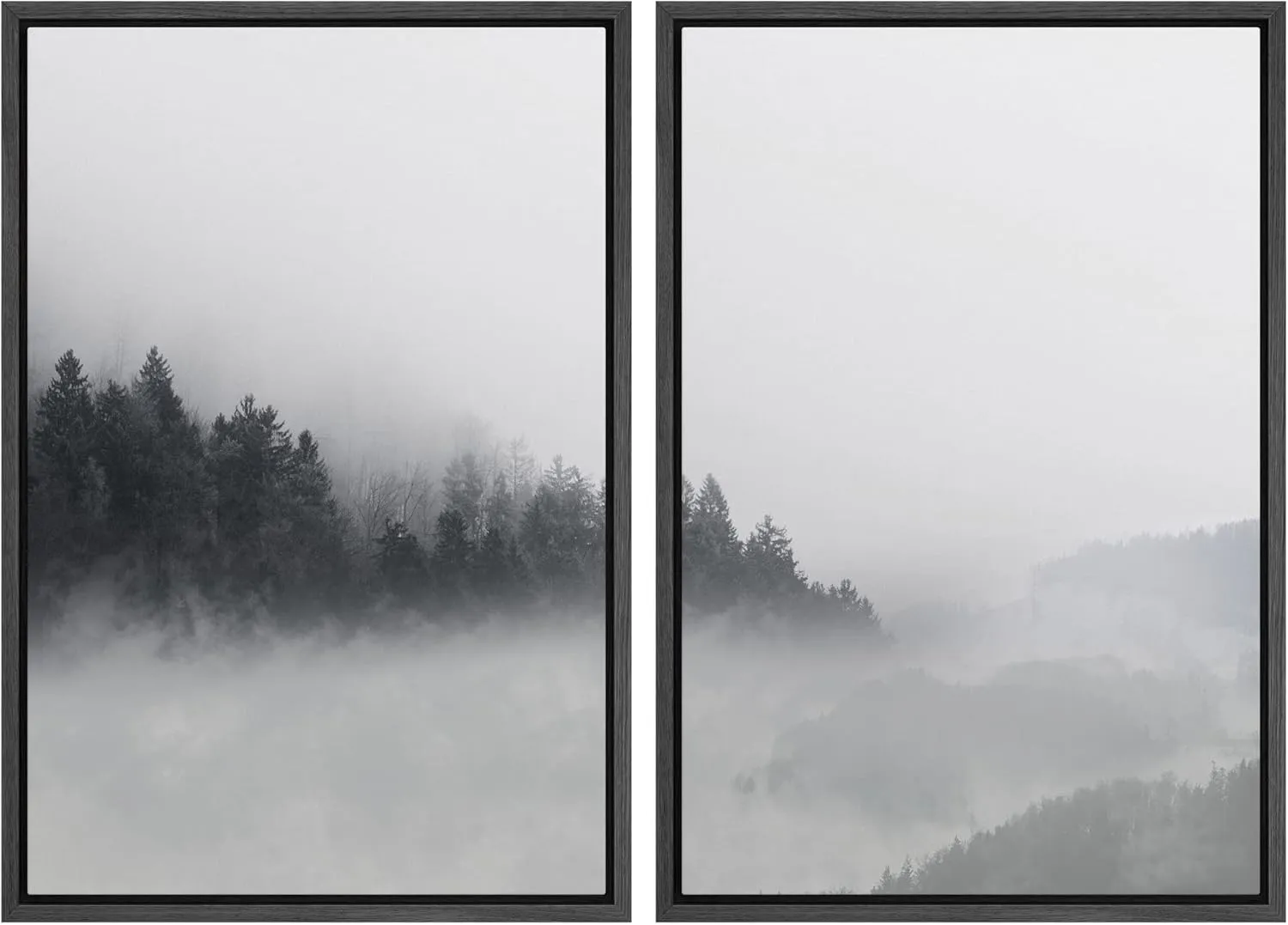 wall26 Framed Canvas Wall Art Print Set Hidden Mountain Forest Landscape in Mist Nature Wilderness Photography Modern Rustic Scenic Multicolor for Living Room, Bedroom, Office - 24"x36"x2 Black