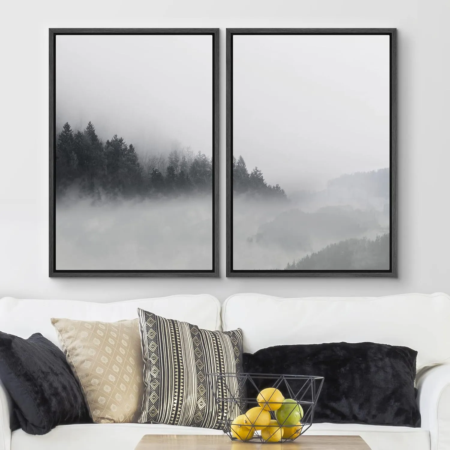 wall26 Framed Canvas Wall Art Print Set Hidden Mountain Forest Landscape in Mist Nature Wilderness Photography Modern Rustic Scenic Multicolor for Living Room, Bedroom, Office - 24"x36"x2 Black