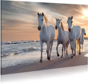 WALLSUP DECOR White Horses Canvas Wall Picture - Horses Running on the Beach Art Painting with Sunset Wild Animals Artwork Picture for Office Kitchen