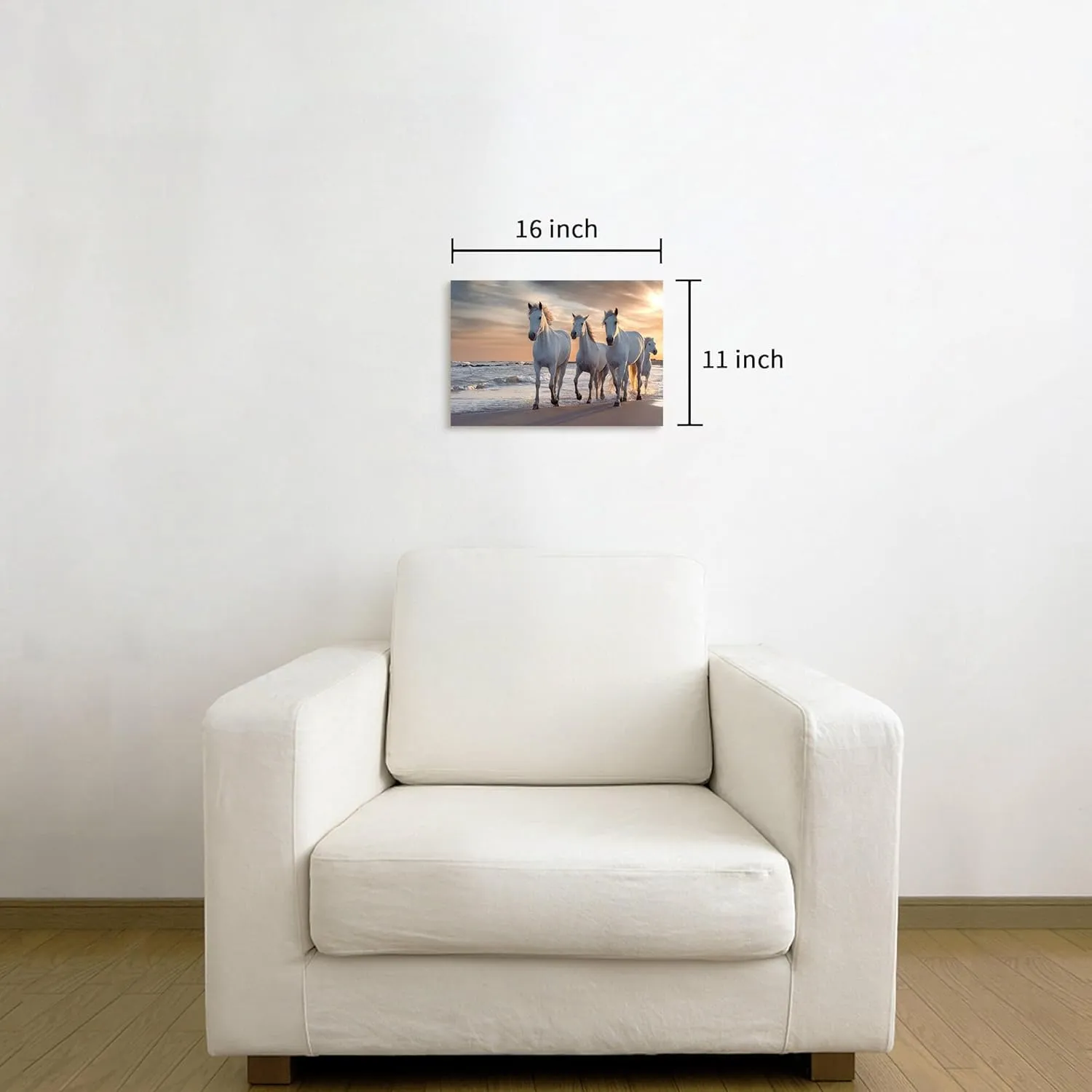 WALLSUP DECOR White Horses Canvas Wall Picture - Horses Running on the Beach Art Painting with Sunset Wild Animals Artwork Picture for Office Kitchen