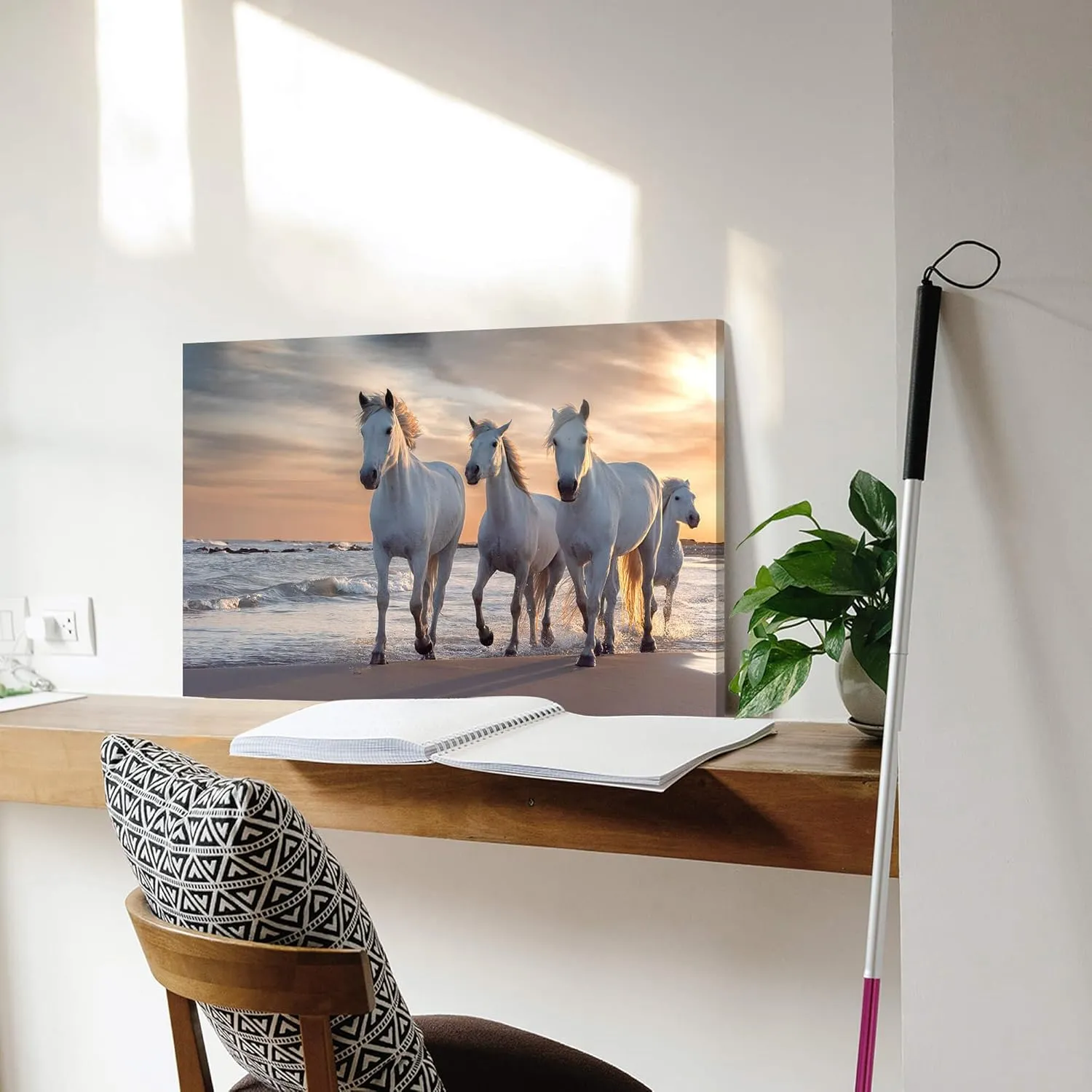 WALLSUP DECOR White Horses Canvas Wall Picture - Horses Running on the Beach Art Painting with Sunset Wild Animals Artwork Picture for Office Kitchen