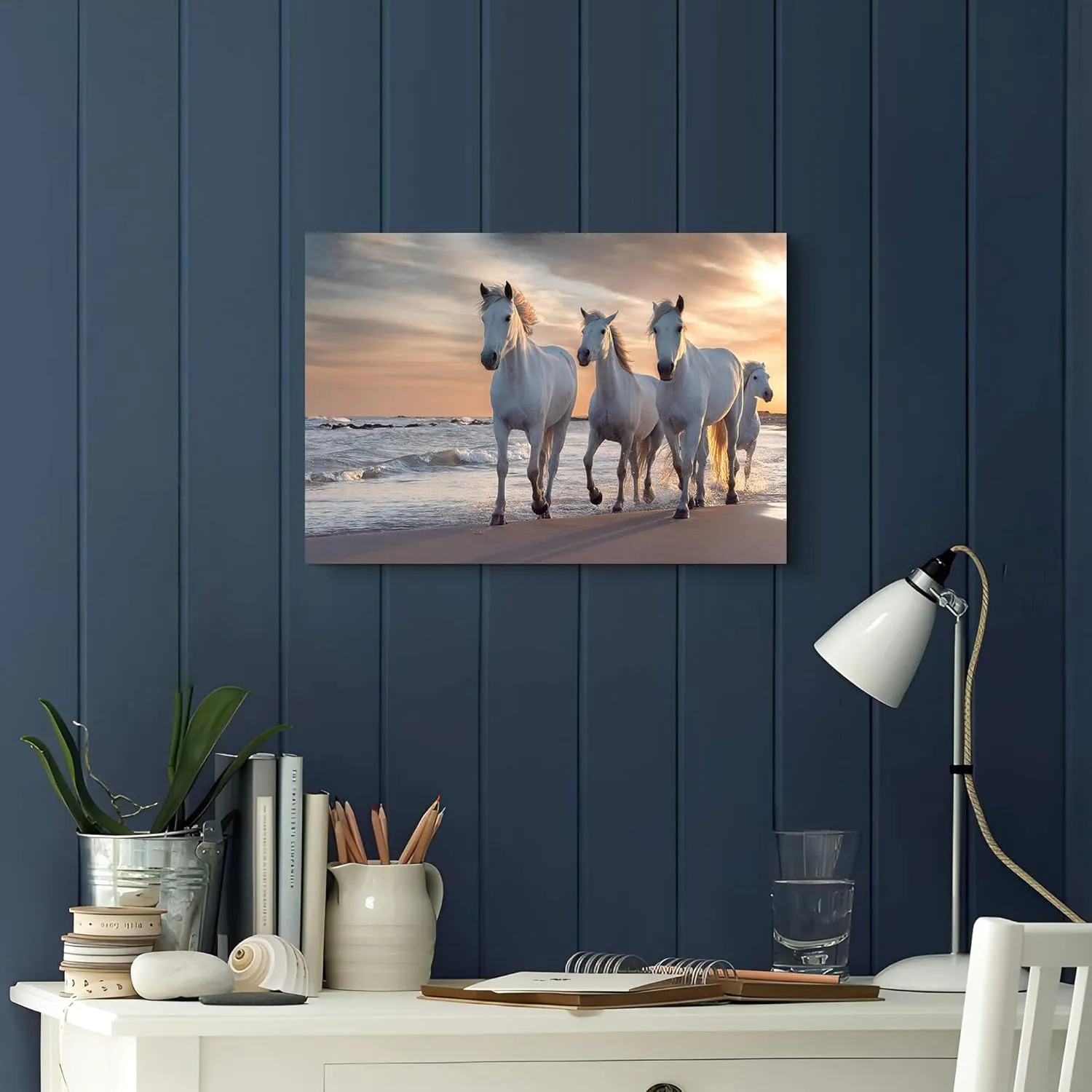 WALLSUP DECOR White Horses Canvas Wall Picture - Horses Running on the Beach Art Painting with Sunset Wild Animals Artwork Picture for Office Kitchen