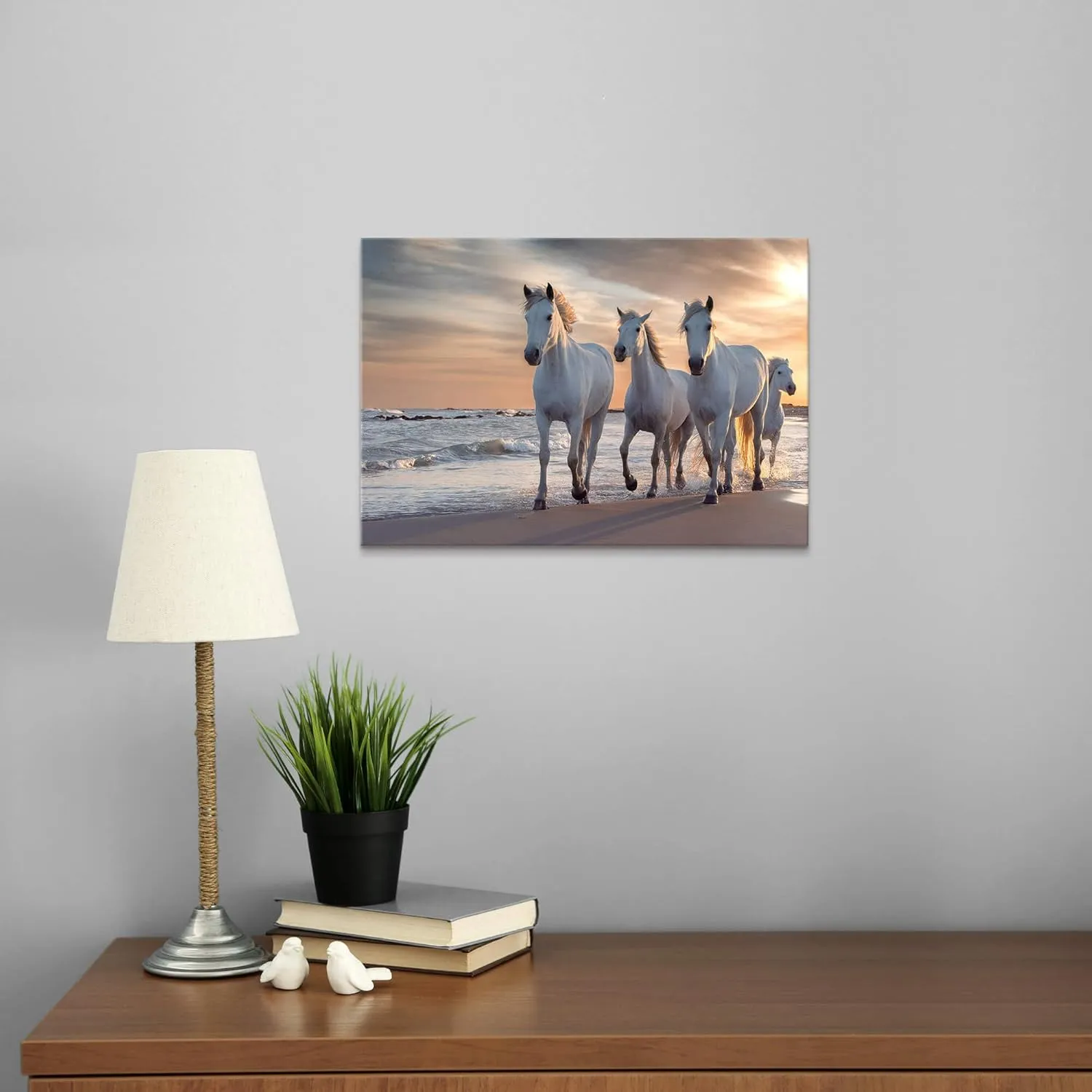 WALLSUP DECOR White Horses Canvas Wall Picture - Horses Running on the Beach Art Painting with Sunset Wild Animals Artwork Picture for Office Kitchen