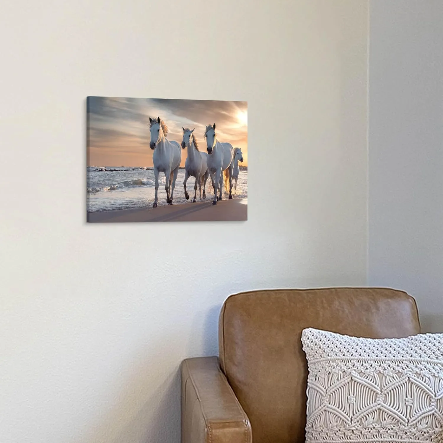WALLSUP DECOR White Horses Canvas Wall Picture - Horses Running on the Beach Art Painting with Sunset Wild Animals Artwork Picture for Office Kitchen