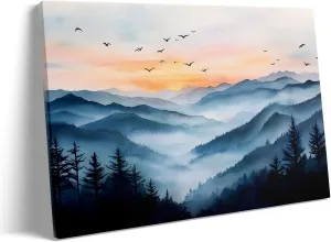 Watercolor Mountain Canvas Wall Art, Scenic Landscape with Birds and Misty Hills, Poster Print Framed Nature Artwork, Sunrise Mountain Range Print for Living Room and Office Decor 24" x 30"