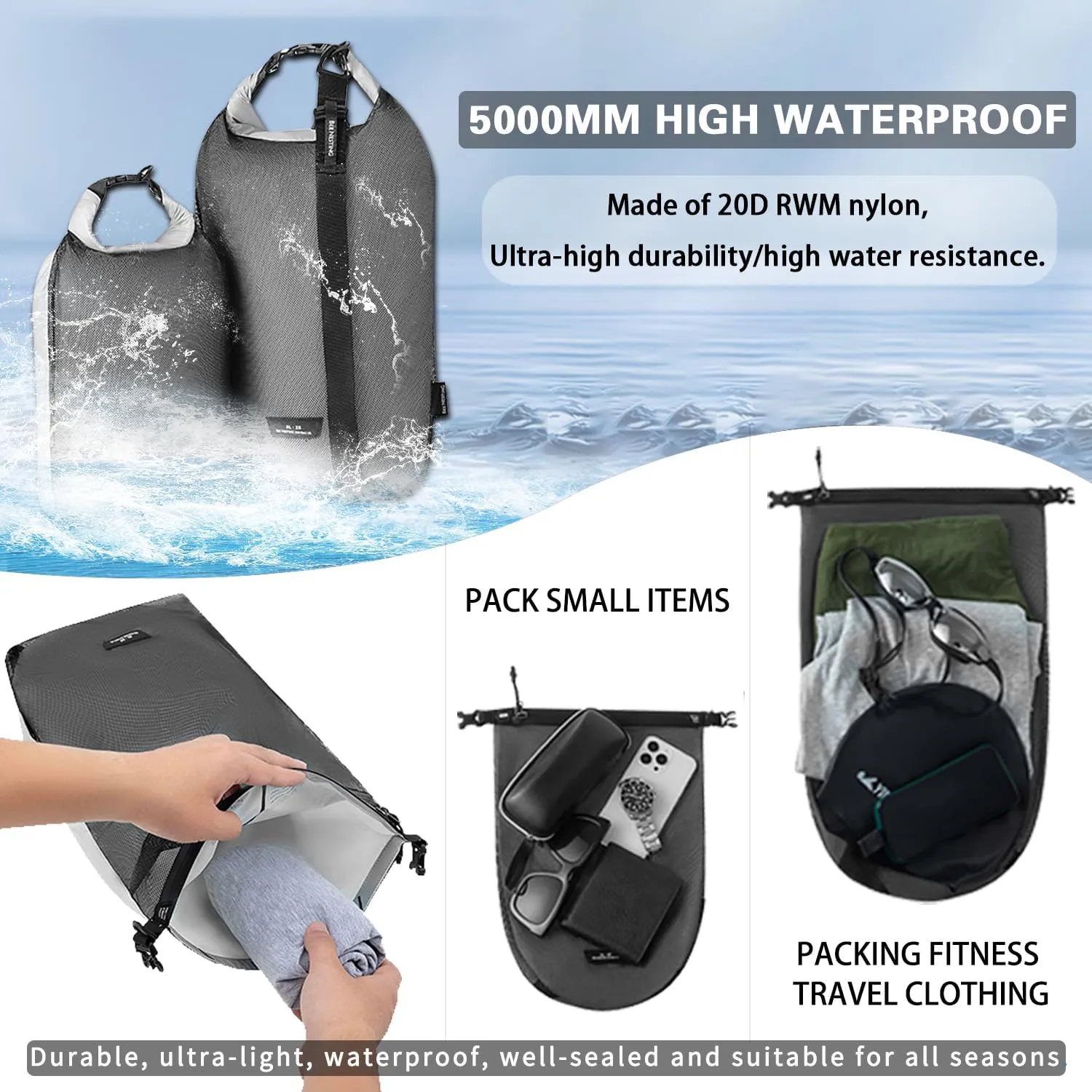 Waterproof dry sack Lightweight Dry Bag Soft and comfortable stuff sacks for backpacking Rafting Boating Camping (Green, 4L 8L)