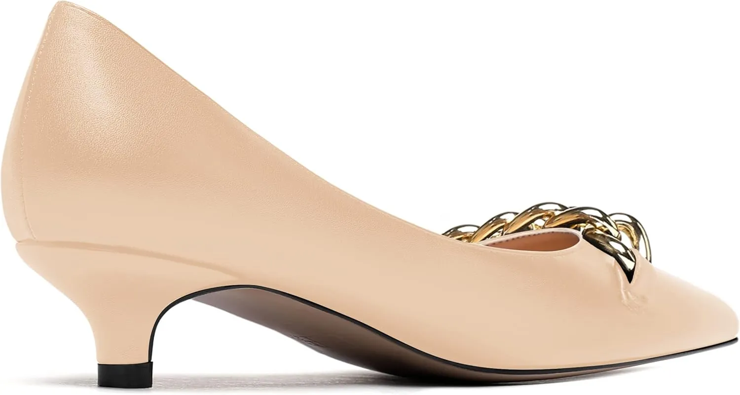WAYDERNS Women's Pointed Toe Slip On Metal Chain Matte Kitten Low Heel Pumps Shoes 1.5 Inch