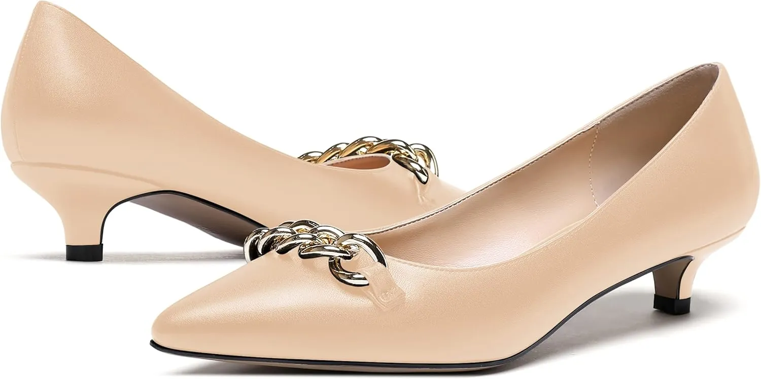 WAYDERNS Women's Pointed Toe Slip On Metal Chain Matte Kitten Low Heel Pumps Shoes 1.5 Inch