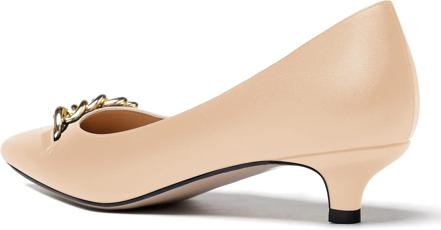 WAYDERNS Women's Pointed Toe Slip On Metal Chain Matte Kitten Low Heel Pumps Shoes 1.5 Inch