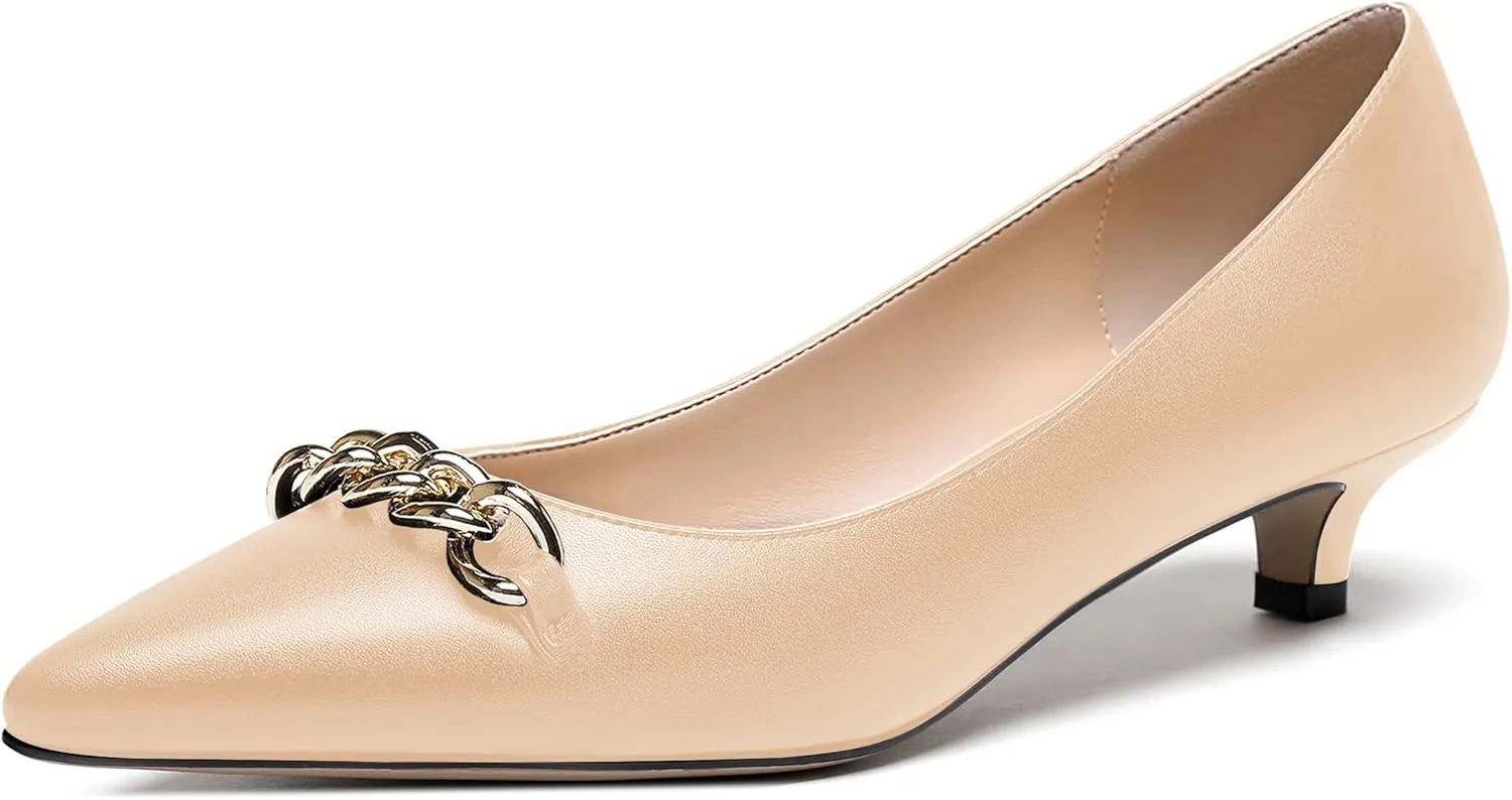 WAYDERNS Women's Pointed Toe Slip On Metal Chain Matte Kitten Low Heel Pumps Shoes 1.5 Inch