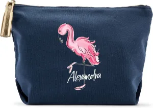 WEDDINGSTAR Large Personalized Canvas Makeup Bag - Flamingo Navy Blue