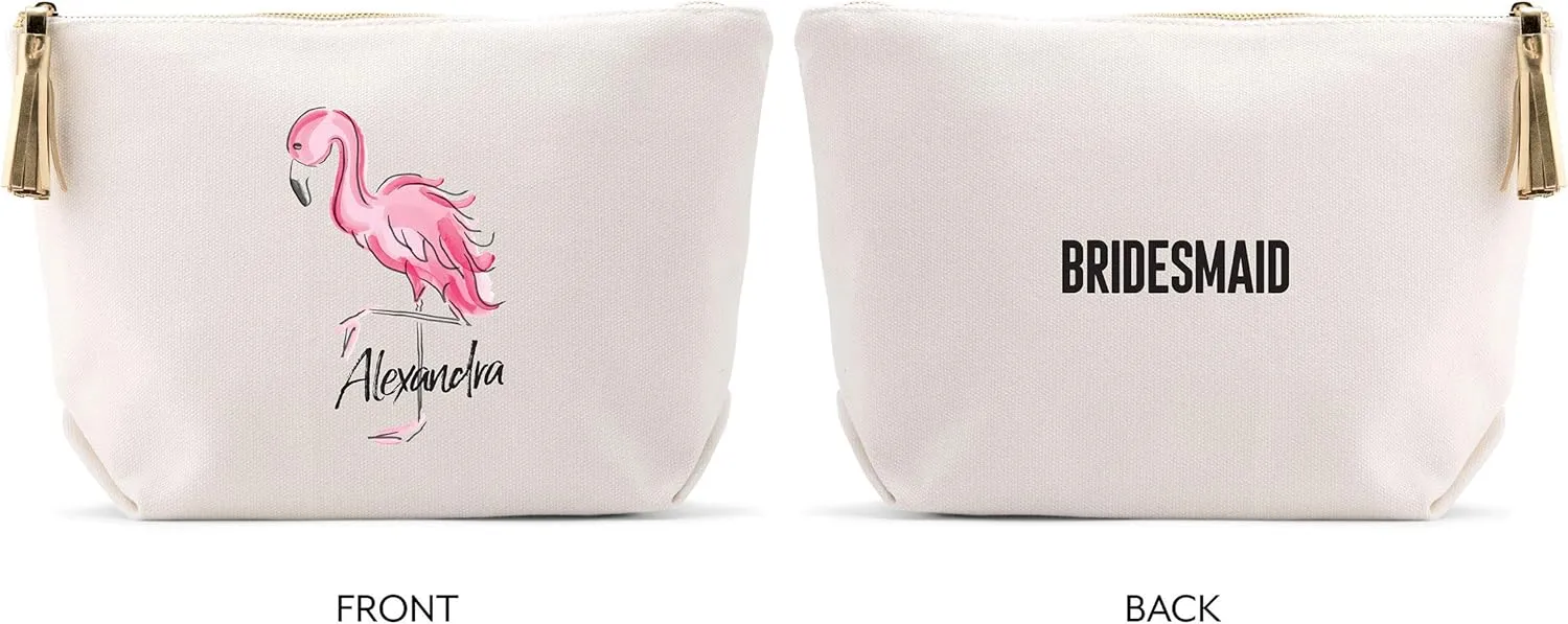 WEDDINGSTAR Large Personalized Canvas Makeup Bag - Flamingo Navy Blue