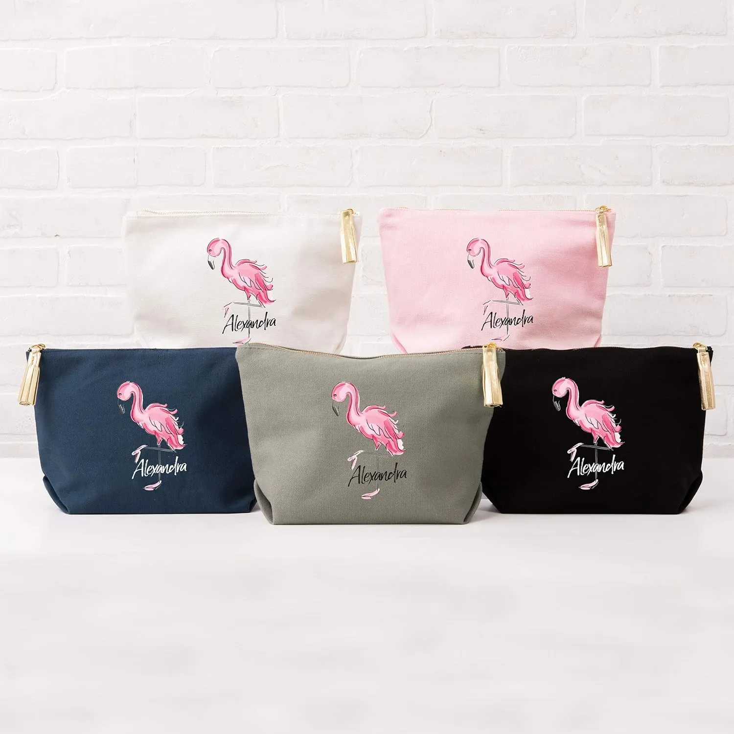 WEDDINGSTAR Large Personalized Canvas Makeup Bag - Flamingo Navy Blue