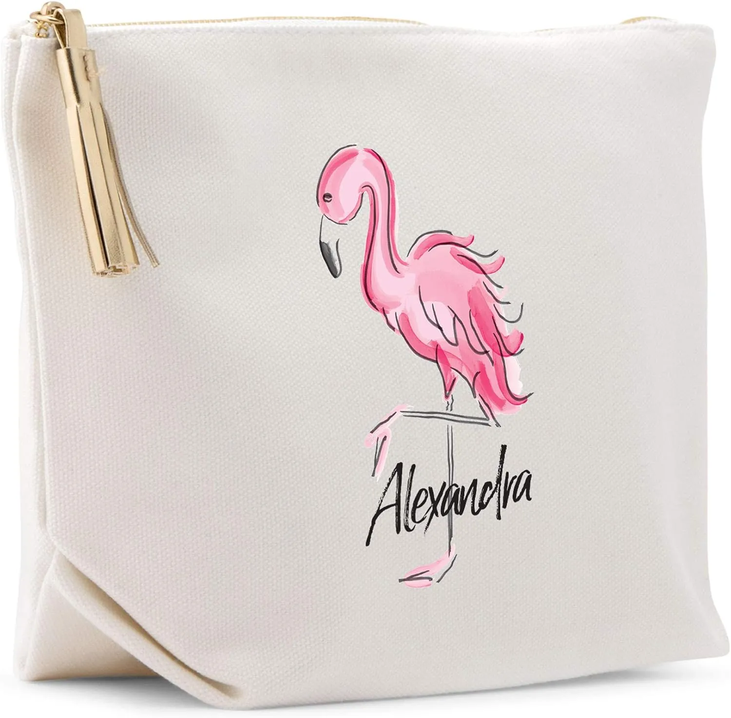 WEDDINGSTAR Large Personalized Canvas Makeup Bag - Flamingo Navy Blue