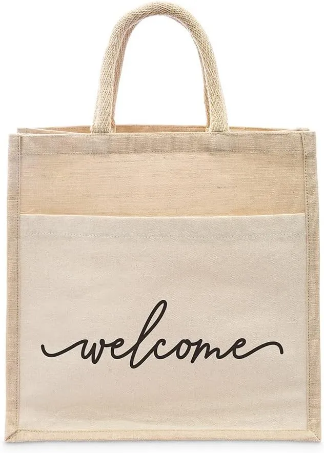 WEDDINGSTAR Personalized Medium Woven Jute Tote Bag With Pocket
