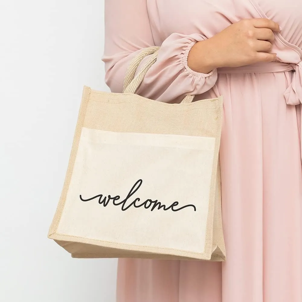 WEDDINGSTAR Personalized Medium Woven Jute Tote Bag With Pocket