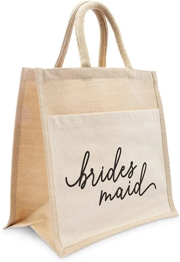 WEDDINGSTAR Personalized Medium Woven Jute Tote Bag With Pocket