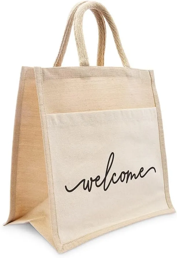 WEDDINGSTAR Personalized Medium Woven Jute Tote Bag With Pocket