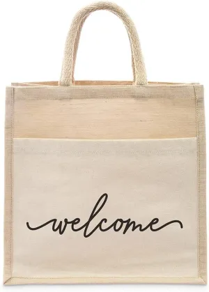 WEDDINGSTAR Personalized Medium Woven Jute Tote Bag With Pocket
