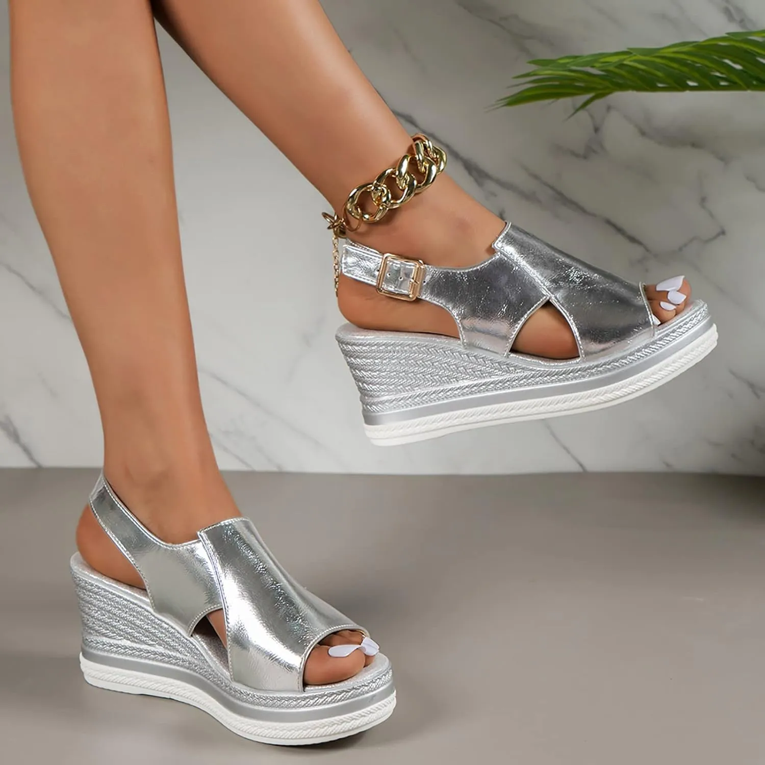 Wedge Sandals for Women Peep Toe Slingback Wedge Heels Cut Out Ankle Strap Platform Sandal Summer Boho Walking Shoes